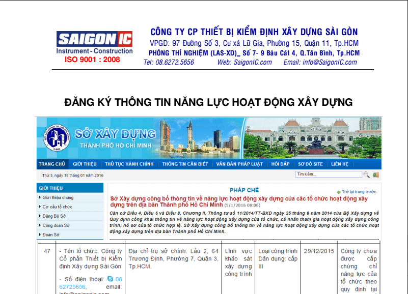 Saigon IC đã đăng ký thành công thông tin năng lực tại Sở Xây dựng TpHCM