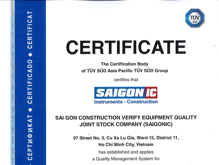 TUV-SUD certifies that SaigonIC applied quality management system for trading instruments and proding inspection quality in construction projects